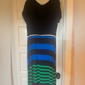 Calvin Klein t-shirt dress, size 12. Black base with blue/green stripes.